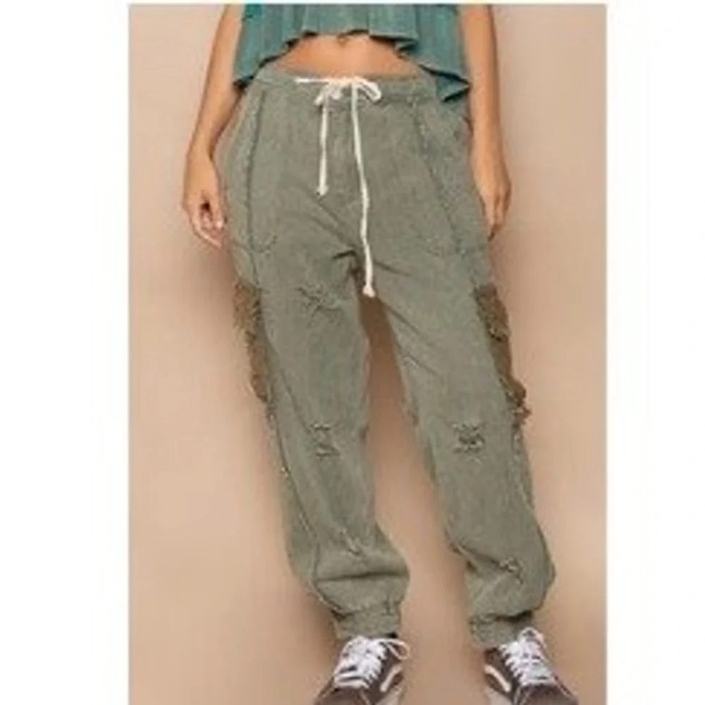 POL Elliot Joggers Small Crochet Lace Distressed Cargo Patch Pants Boho Festival